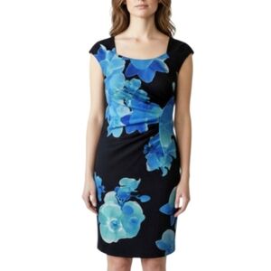 Calvin Klein Floral Sheath Dress Size 8 Black & Blue Rouched Waist Office Chic